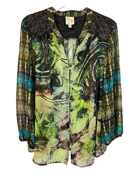 Fig and Flower Sheer Floral Lace Blouse 2X Fairy Grunge Whimsigoth Peasant Green